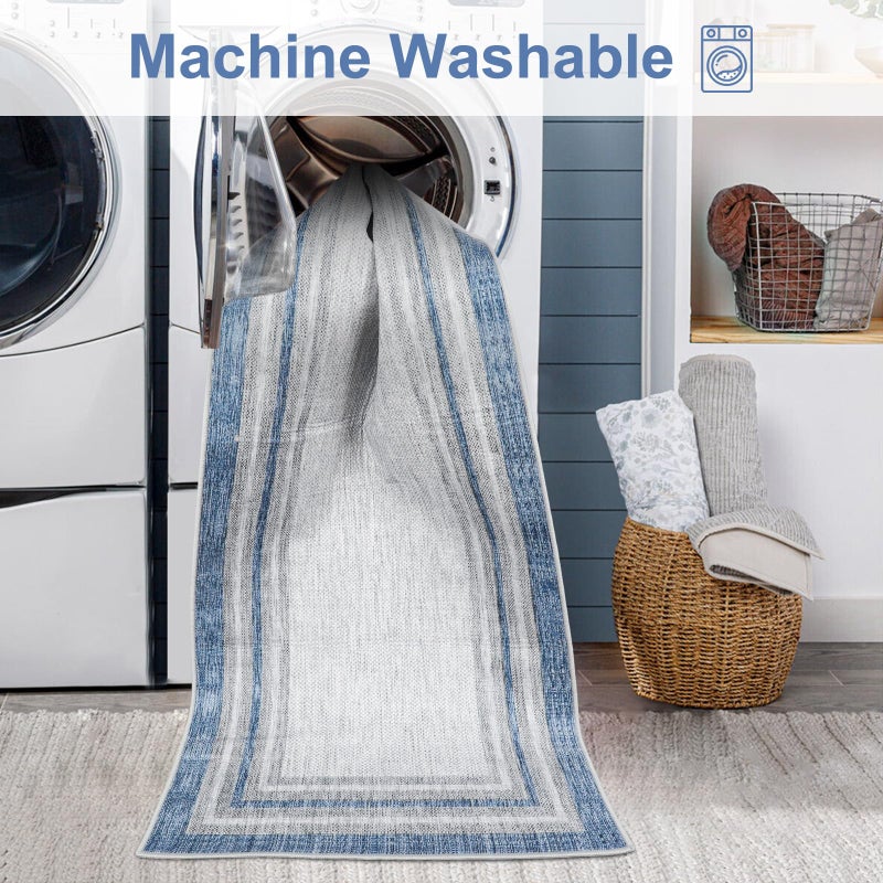 Beeiva Border Blue Rugs for Entryway, Kitchen Rugs Non Slip Washable 2x3 Throw Mat with Rubber Backing, Modern Printed Small Accent Carpet for Bedroom Indoor Bathroom - Image 2