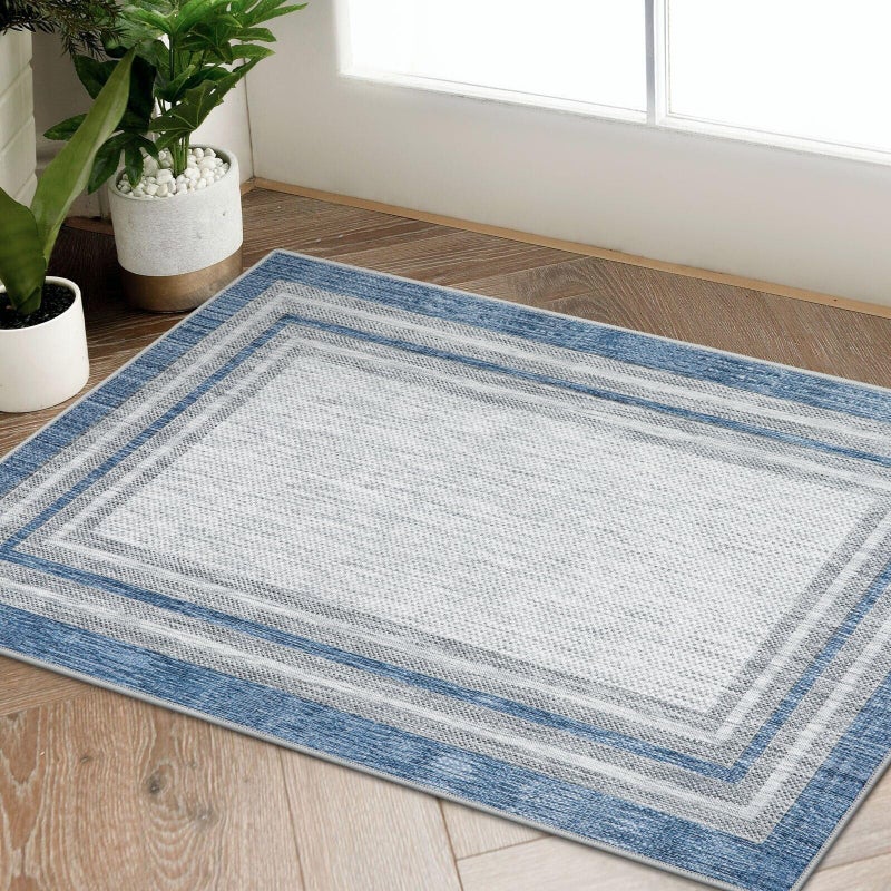 Beeiva Border Blue Rugs for Entryway, Kitchen Rugs Non Slip Washable 2x3 Throw Mat with Rubber Backing, Modern Printed Small Accent Carpet for Bedroom Indoor Bathroom - Image 1