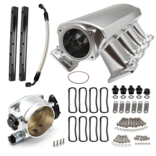 TEMSONE 92MM Intake Manifold Sheet Metal Fabricated EFI with Fuel Rails and Throttle Body & Throttle Position Sensors TPS IAC Compatible with Chevrolet GMC Pontiac LS LS1 LS2 LS6 Silver - Image 1