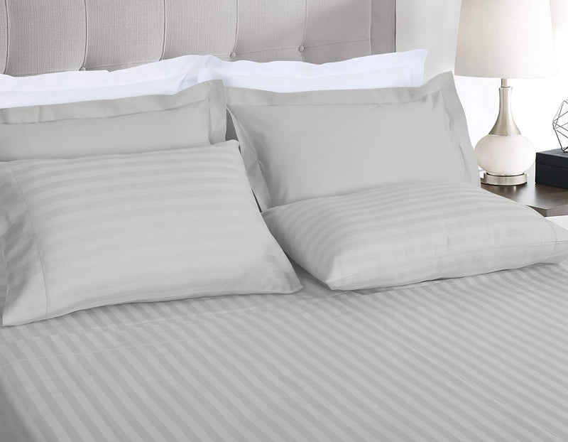 Threadmill 500 Thread Count King Size Damask Stripe  4 Pc Luxury Cotton Bed Sheet Set  Silky Soft Light Grey Sheets with 16"" Elasticized Deep Pocket  2 Pillowcases & Free Tote Bag - Image 2