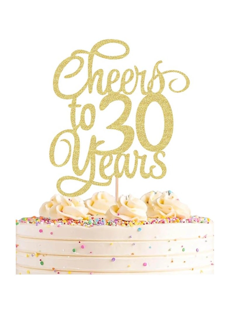 Cheers to 30 Years Cake Topper - Gold Glitter 30th Birthday Cake Decorating Supplies, Perfect for 30th Anniversary or Thirty Birthday Party, Photo Booth Props