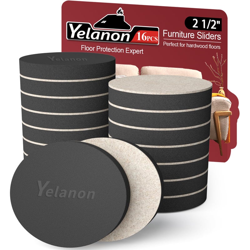 Yelanon Felt Furniture Sliders - 16-Pcs 2.5"" Floor Protectors For Furniture - Smooth-Glide Movers For Couches & Tables - Durable Furniture Movers Sliders - No Residue - Image 1