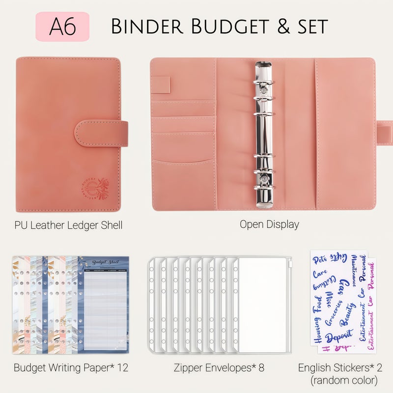 Deep Pink A6 PU Leather Budget Notebook with 8 Financial Envelopes for Money Management - Image 1