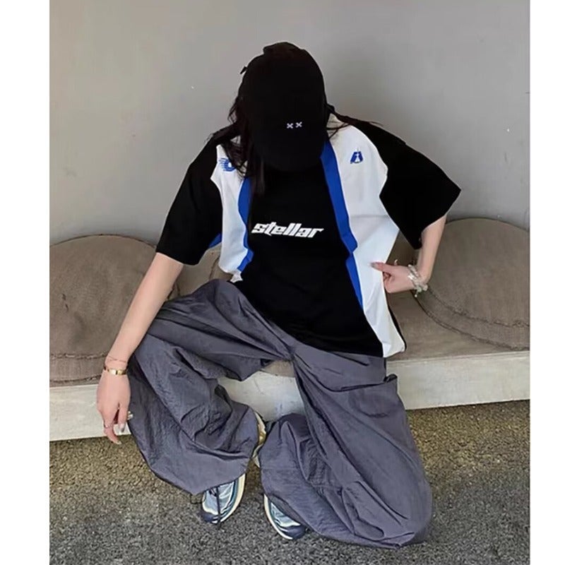 Racing Element Color-block T-shirt Mens and Womens American-style Retro Sports High Street Loose Casual Hip-hop Jersey Couples T-shirt Black