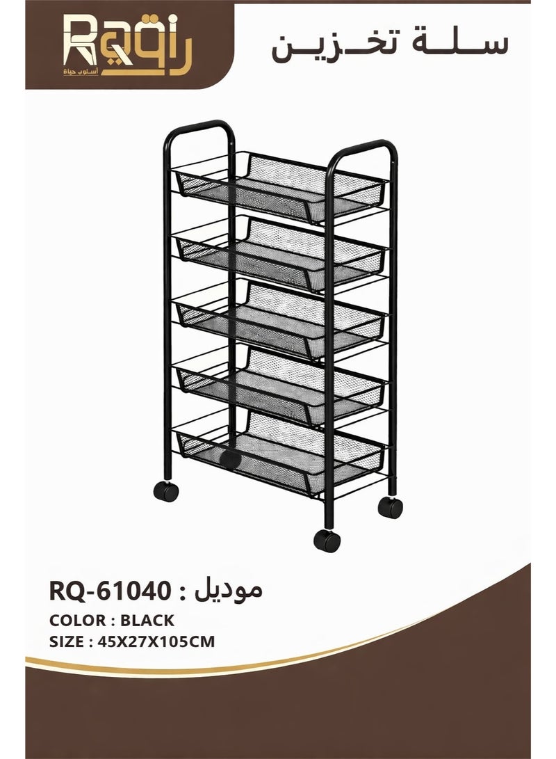 Raqi 5-Tier Metal Rolling Storage Rack with Wheels – Multi-Purpose Storage Shelves for Kitchen, Bathroom & Laundry Room – Space Saving Organizer – Black - Image 1