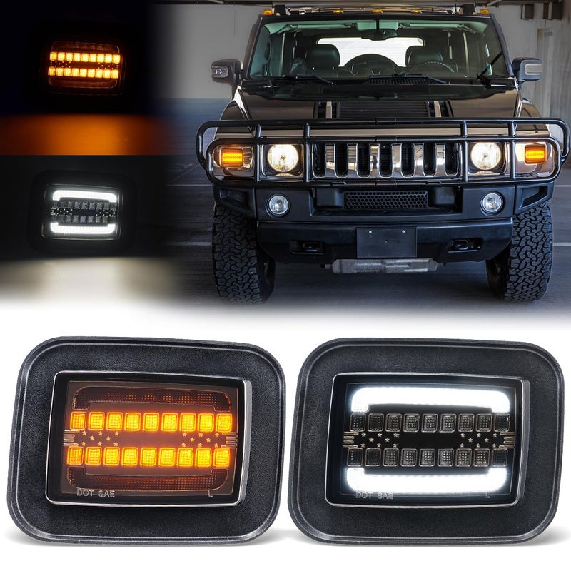 Aexploer Front Turn Signal Corner Marker Lights Compatible with H2 20032009 Yellow Dynmaic Sequential Blink LED as Turn Signal LightsWhite as Daytime Running Lights Smoked Lens
