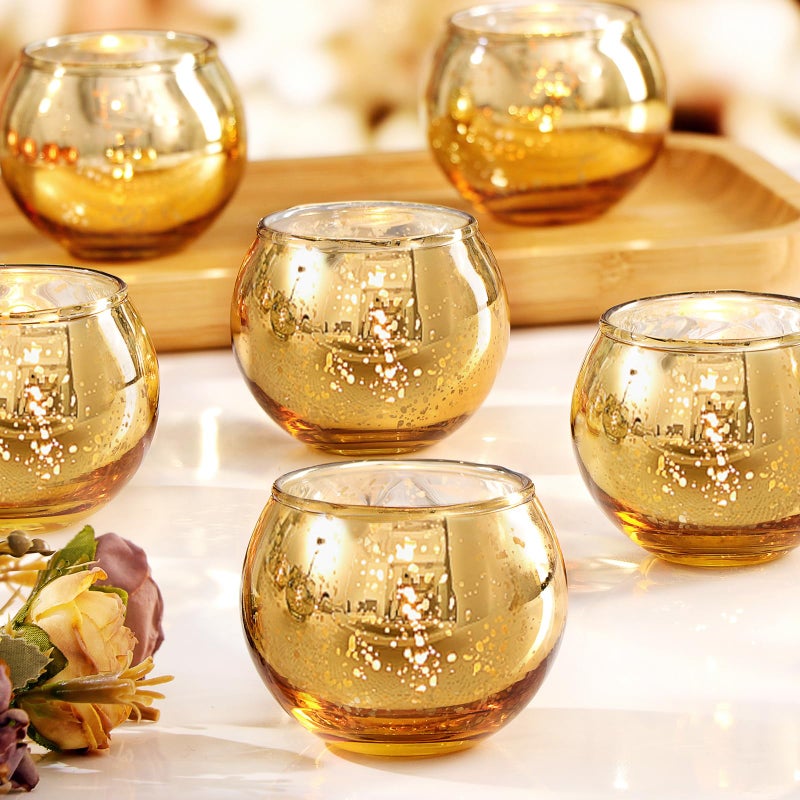 LAMORGIFT 24 Pcs Gold Votive Candle Holders Mercury Glass Votives Tea Lights Candle Holders Bulk Gold Table Centerpieces for Wedding Bridal Shower Birthday Anniversary Ramadan Table Decor