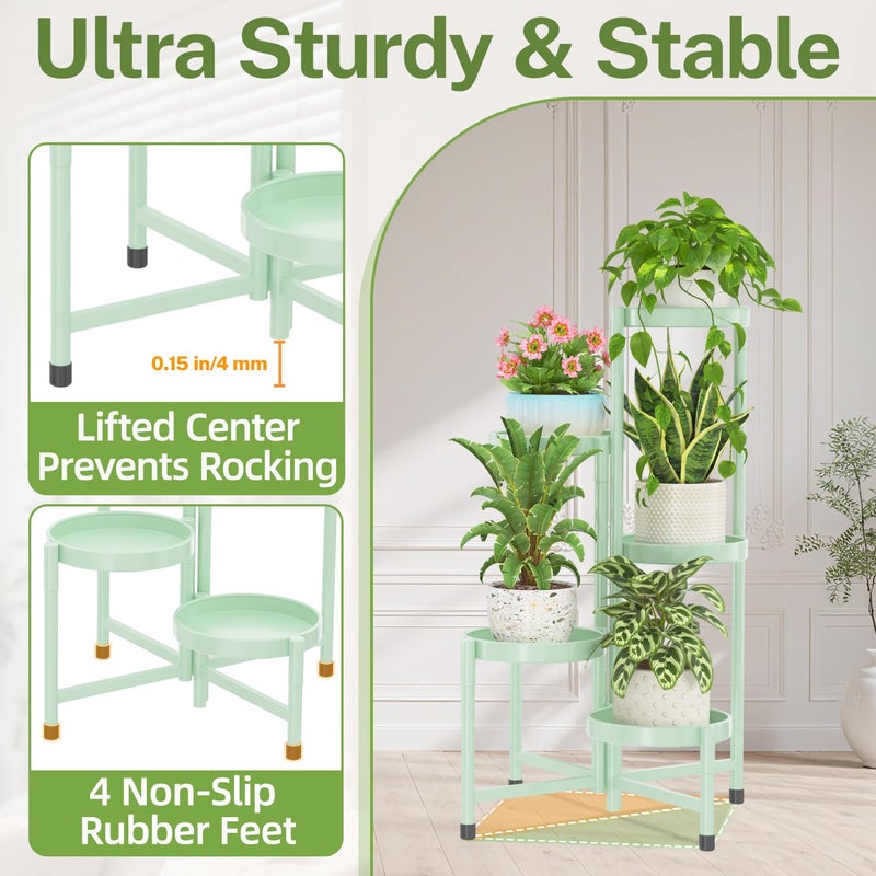 iDavosic.ly Plant Stand Indoor Outdoor, 5 Tier Corner Metal Flower Display Holder Shelf, Folding Tall Orchid Rack for Patio Balcony Porch Garden Living Room House, Light Green - Image 4
