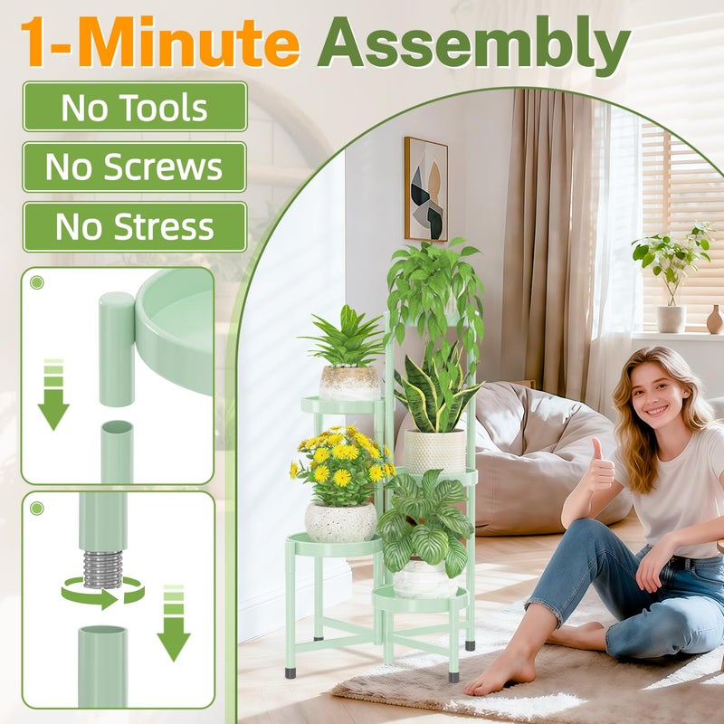 iDavosic.ly Plant Stand Indoor Outdoor, 5 Tier Corner Metal Flower Display Holder Shelf, Folding Tall Orchid Rack for Patio Balcony Porch Garden Living Room House, Light Green - Image 2