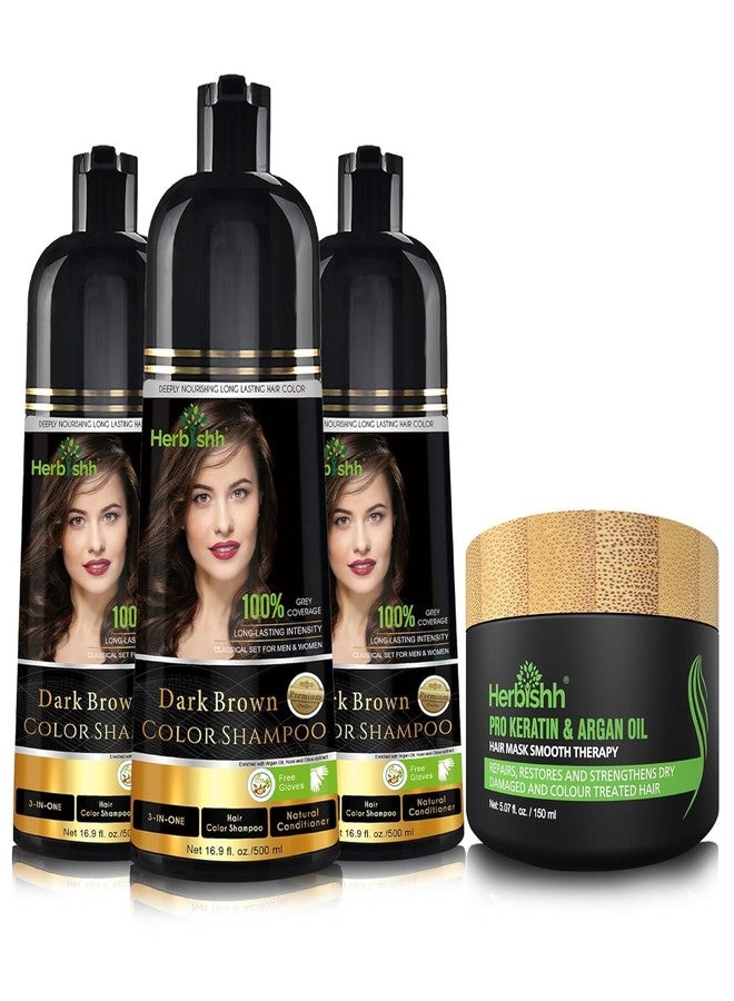 Herbishh Hair Color Shampoo (Dark Brown) for Grey Coverage | Ammonia-Free Paraben Free | Long Lasting Color up to 3 Weeks | Combo Pack 3 x 500ml + 1 Argan Hair Mask (150gm) - Image 1