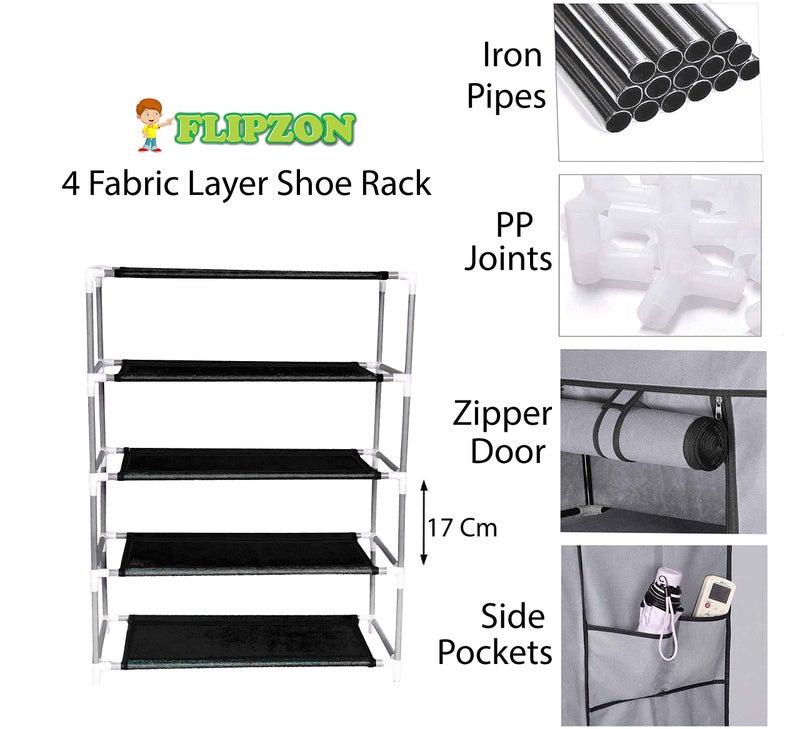 FLIPZON Multipurpose 4-Tiers Shoe Rack with Dustproof Zip Cover, Multiuse Wide Space Storage Rack Made by Non Woven Fabric for Footwear, Toys, Clothes (4 Shelves) (Green) - Image 3