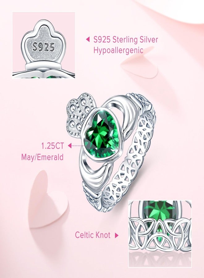 AVECON Claddagh May Emerald Birthstone Rings for Women 925 Sterling Silver Celtic Knot Rings for Her Anniversary Statement Engagement Wedding Ring Band Irish Jewelry Birthday Gifts Size 9 - Image 5