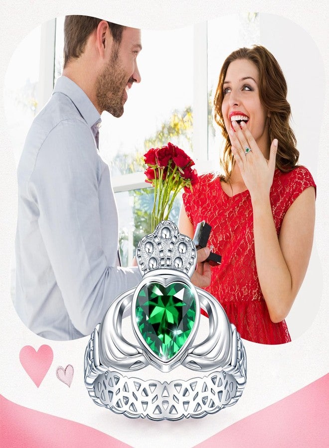 AVECON Claddagh May Emerald Birthstone Rings for Women 925 Sterling Silver Celtic Knot Rings for Her Anniversary Statement Engagement Wedding Ring Band Irish Jewelry Birthday Gifts Size 9 - Image 3