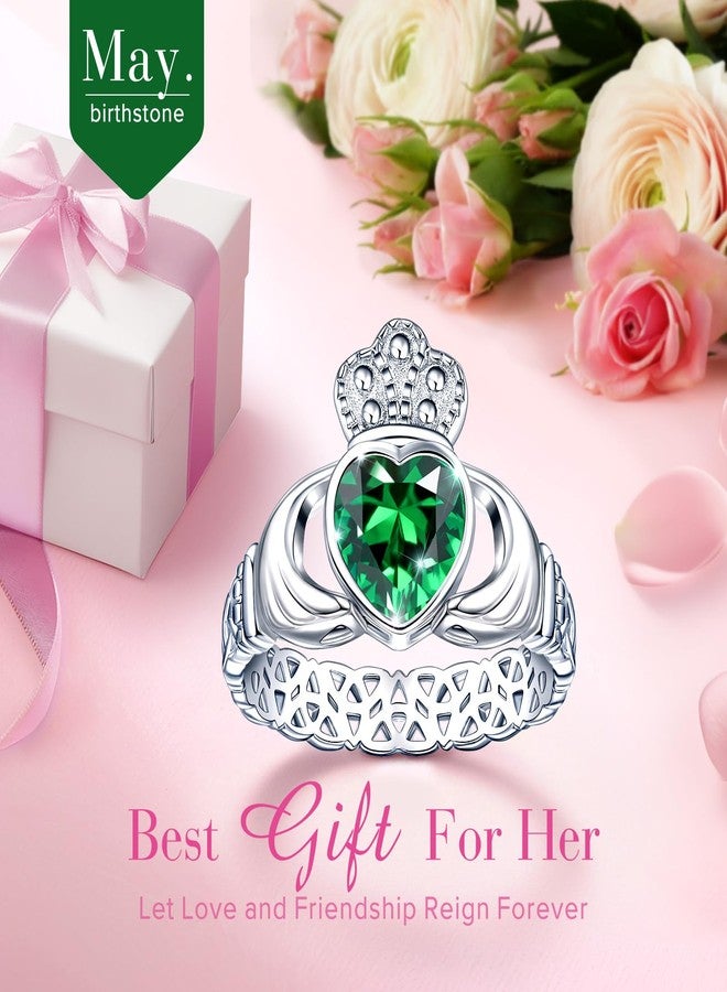 AVECON Claddagh May Emerald Birthstone Rings for Women 925 Sterling Silver Celtic Knot Rings for Her Anniversary Statement Engagement Wedding Ring Band Irish Jewelry Birthday Gifts Size 9 - Image 4