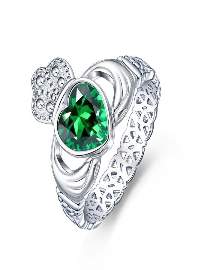 AVECON Claddagh May Emerald Birthstone Rings for Women 925 Sterling Silver Celtic Knot Rings for Her Anniversary Statement Engagement Wedding Ring Band Irish Jewelry Birthday Gifts Size 9 - Image 1