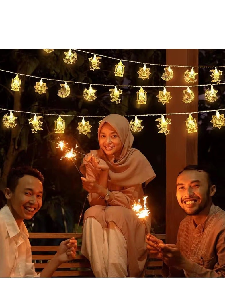 زينة رمضان سلسلة أضواء LED بتصميم فانوس القمر والنجمة تعمل بالبطارية للاستخدام الداخلي والخارجي أضواء متلألئة بيضاء دافئة بطول 3 أمتار و20 مصباح LED - Image 2