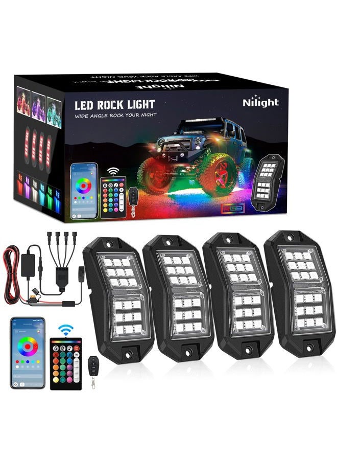 Nilight Wide Angle RGB LED Rock Lights Kit 4 PCS 18LED Wheel Well Light with Remote & Bluetooth App Dual Control Multi Modes Underglow Multicolor Neon Light Pod for ATV UTV SUV Offroad Truck RZR Boat - Image 1