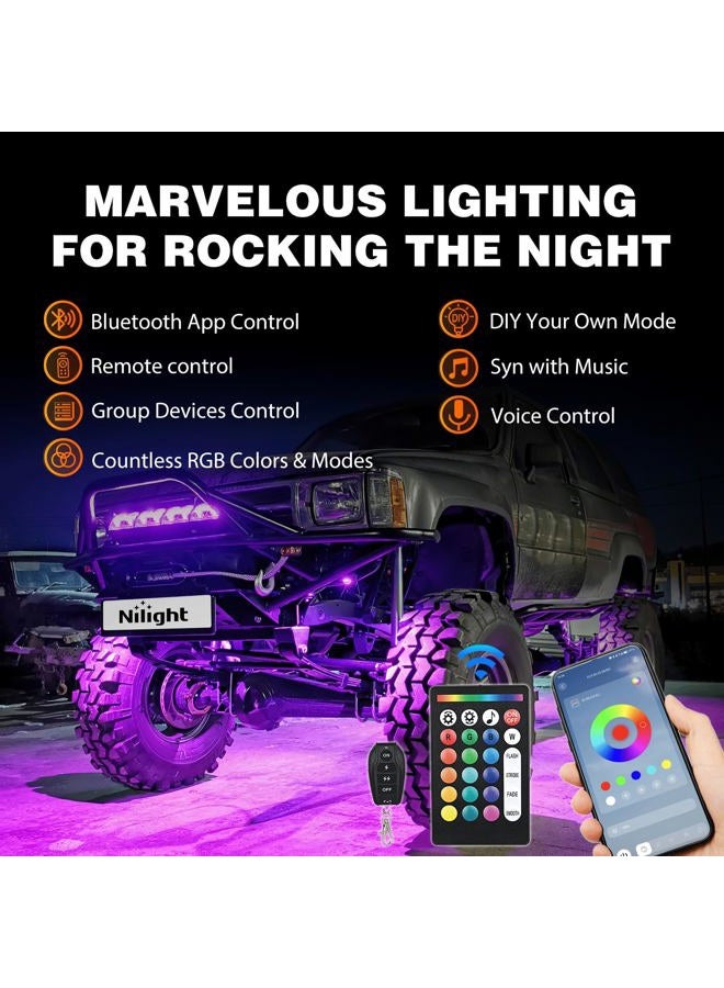 Nilight Wide Angle RGB LED Rock Lights Kit 4 PCS 18LED Wheel Well Light with Remote & Bluetooth App Dual Control Multi Modes Underglow Multicolor Neon Light Pod for ATV UTV SUV Offroad Truck RZR Boat - Image 3