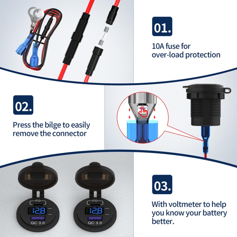 DaierTek 12V USB C Car Charger Socket 3-Pack - 48W PD & QC 3.0 Fast Charging Dual USB Outlet with Voltmeter & ON/Off Switch, Waterproof 12V Charging Port for Car, Marine, Boat, Golf Cart - Image 5