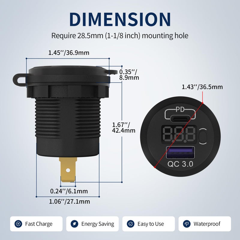 DaierTek 12V USB C Car Charger Socket 3-Pack - 48W PD & QC 3.0 Fast Charging Dual USB Outlet with Voltmeter & ON/Off Switch, Waterproof 12V Charging Port for Car, Marine, Boat, Golf Cart - Image 2