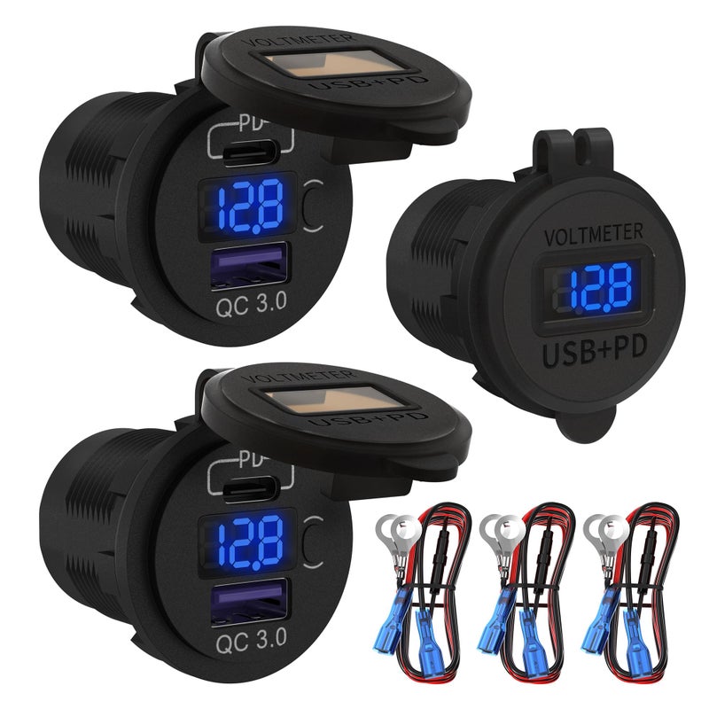 DaierTek 12V USB C Car Charger Socket 3-Pack - 48W PD & QC 3.0 Fast Charging Dual USB Outlet with Voltmeter & ON/Off Switch, Waterproof 12V Charging Port for Car, Marine, Boat, Golf Cart - Image 1
