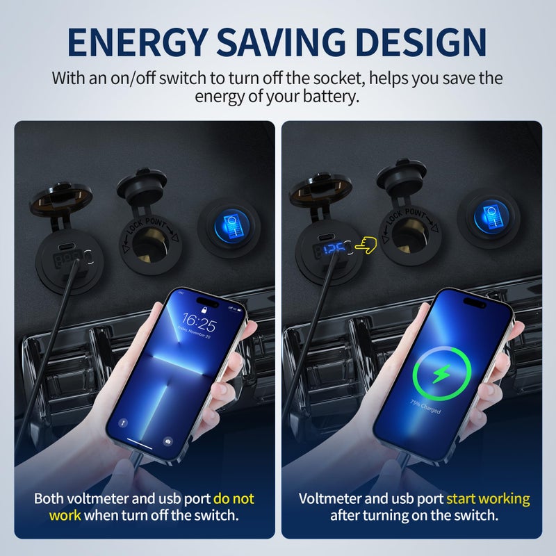 DaierTek 12V USB C Car Charger Socket 3-Pack - 48W PD & QC 3.0 Fast Charging Dual USB Outlet with Voltmeter & ON/Off Switch, Waterproof 12V Charging Port for Car, Marine, Boat, Golf Cart - Image 4