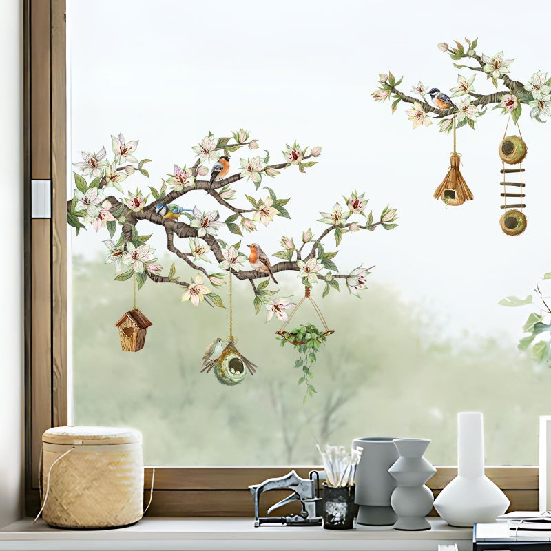 Supzone Spring Birds Flower Branches Hanging Bird House Green Leaves Window Decals Anti Collision Double-Side Static Window Stickers for Home Glass Door Decoration - Image 2