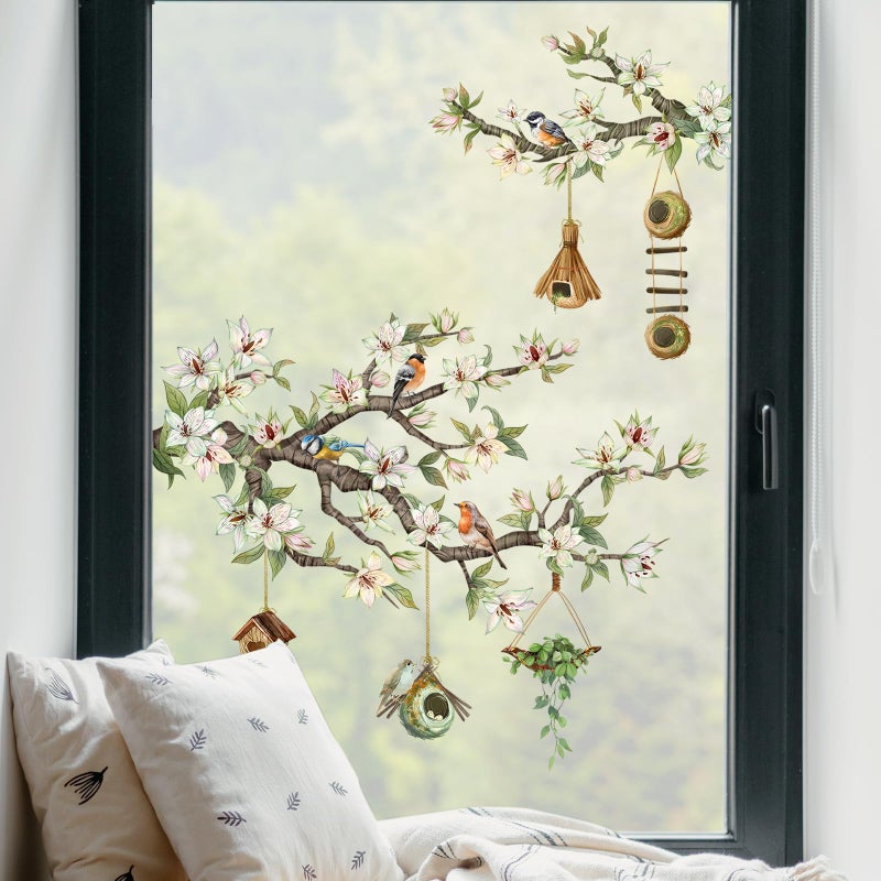 Supzone Spring Birds Flower Branches Hanging Bird House Green Leaves Window Decals Anti Collision Double-Side Static Window Stickers for Home Glass Door Decoration - Image 3