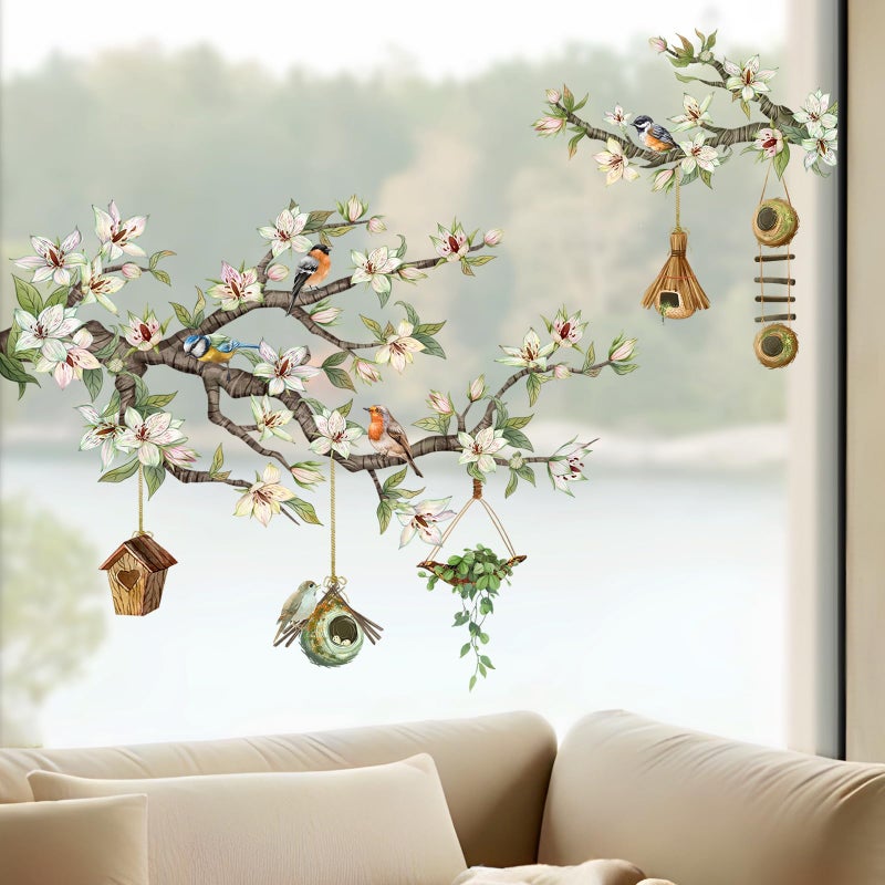 Supzone Spring Birds Flower Branches Hanging Bird House Green Leaves Window Decals Anti Collision Double-Side Static Window Stickers for Home Glass Door Decoration - Image 1