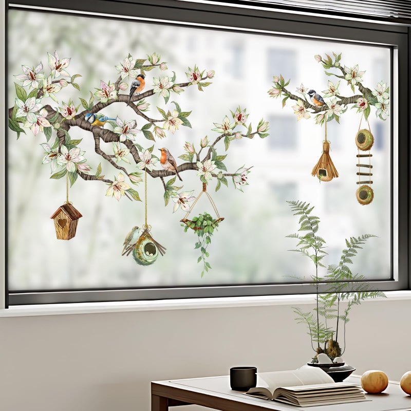 Supzone Spring Birds Flower Branches Hanging Bird House Green Leaves Window Decals Anti Collision Double-Side Static Window Stickers for Home Glass Door Decoration - Image 5