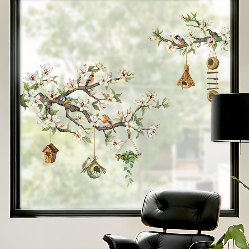 Supzone Spring Birds Flower Branches Hanging Bird House Green Leaves Window Decals Anti Collision Double-Side Static Window Stickers for Home Glass Door Decoration - Image 4