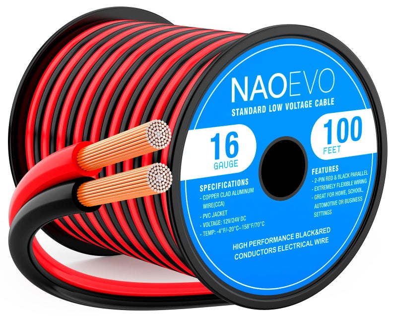 NAOEVO 16 Gauge Wire 100FT, 2 Conductors Electrical Wire Red Black Cable, Flexible/Low Voltage/PVC 16 AWG Copper Clad Aluminum Extension Cord for Speaker, LED Strips, Automotive 12V/24V DC - Image 1