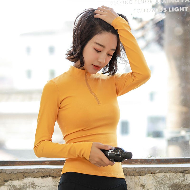 Half-Zip Sports Top Womens Tight Long-Sleeved Quick-Dry T-Shirt Base Shirt Training Running Jacket Fitness Yoga Clothes Yellow