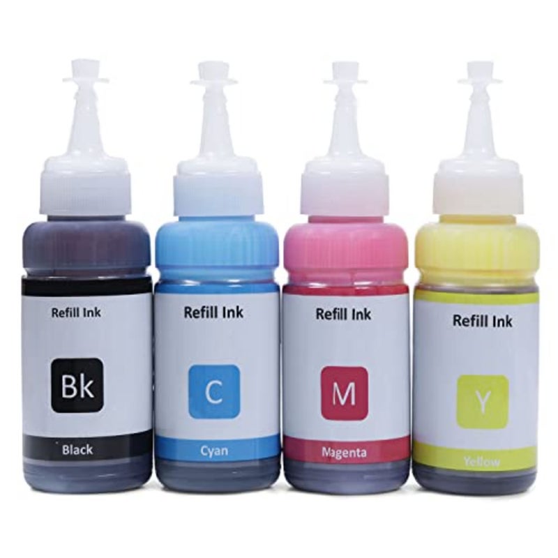 إعادة تعبئة الحبر لطابعات Epson L220-L565 وL1300، 70 مل × 4 CMYK، حبر متوافق عالي الإنتاجية، قائم على الصبغة، أسود سماوي أرجواني أصفر، أداء موثوق به - Image 1