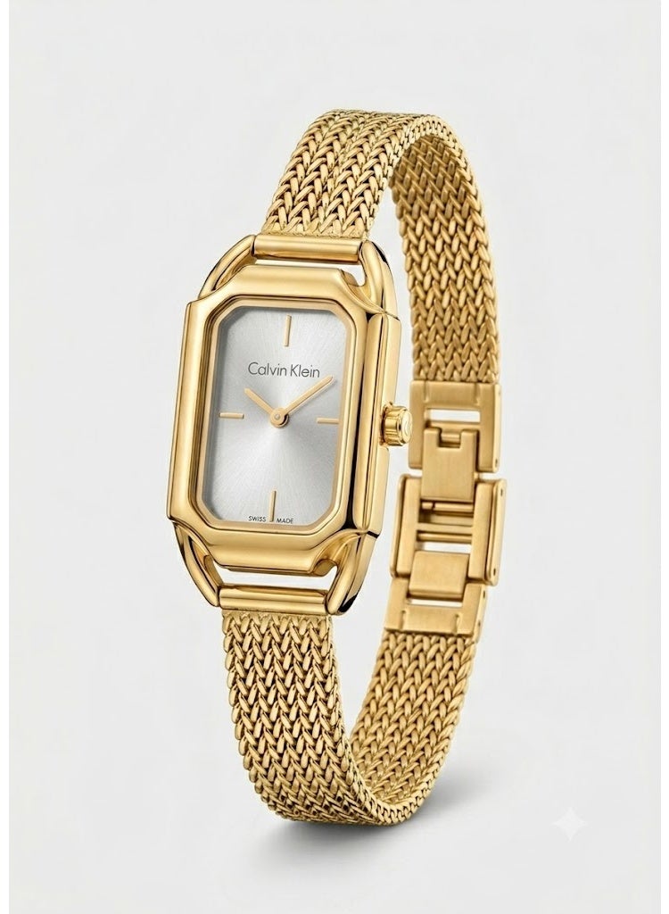 Calvin Klein Women's Dress Watch, Rectangular Gold-Tone Case, Silver Dial, Stainless Steel Mesh Bracelet, Swiss Made