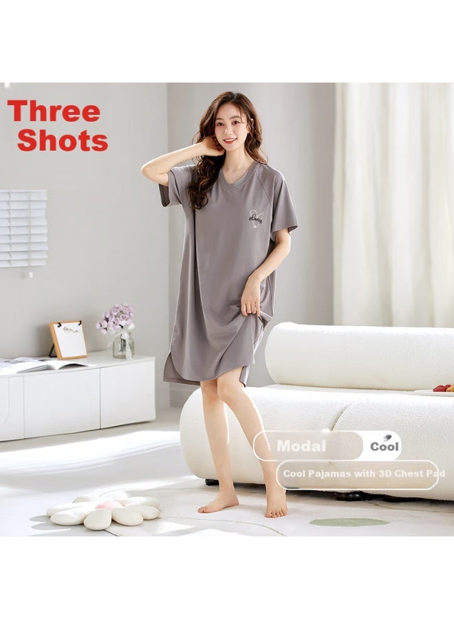 Threegun [zhu Feng Series] Summer Modal Women's Pajama Dress, Loose-fitting Pullover Short-sleeve, Suitable For Outdoor Wear, Loungewear - Image 3