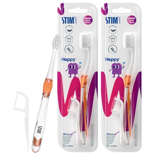 STIM Junior Kids Toothbrush | 10 to 15 Years | Soft Tapered Bristles for Deep Cleaning | Ergonomic Handle with Thumb Grip & Tongue Scraper | Dentist Recommended Toothbrush for Pre-Teens | 2 Brushes - Image 1