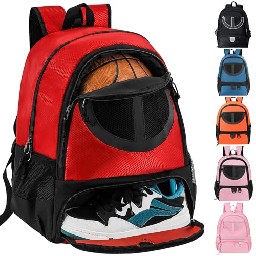 TRAILKICKER Basketball Bag Backpack for Men Women with Ball Shoes Compartment 30L Capacity Lightweight Breathable Boys Girls Soccer Ball Bag Backpack Fit Volleyball Football Sports Travel School Gym Red - Image 1