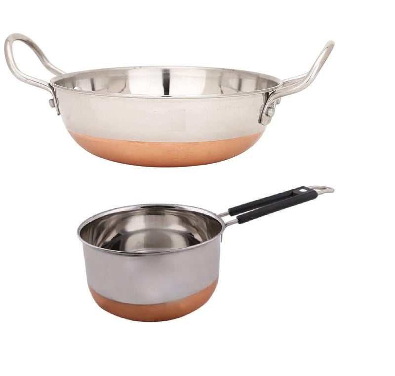 RSPTJM RJ kitchenware Store Copper Bottom kadhai and Stainless Steel Copper Bottom 2 Liter saucepan with handle kadai with Copper Bottom with Handle 2 Liter 2 Liter Combo Pack of Kadai and Copper Sauce Pan Silver - Image 1
