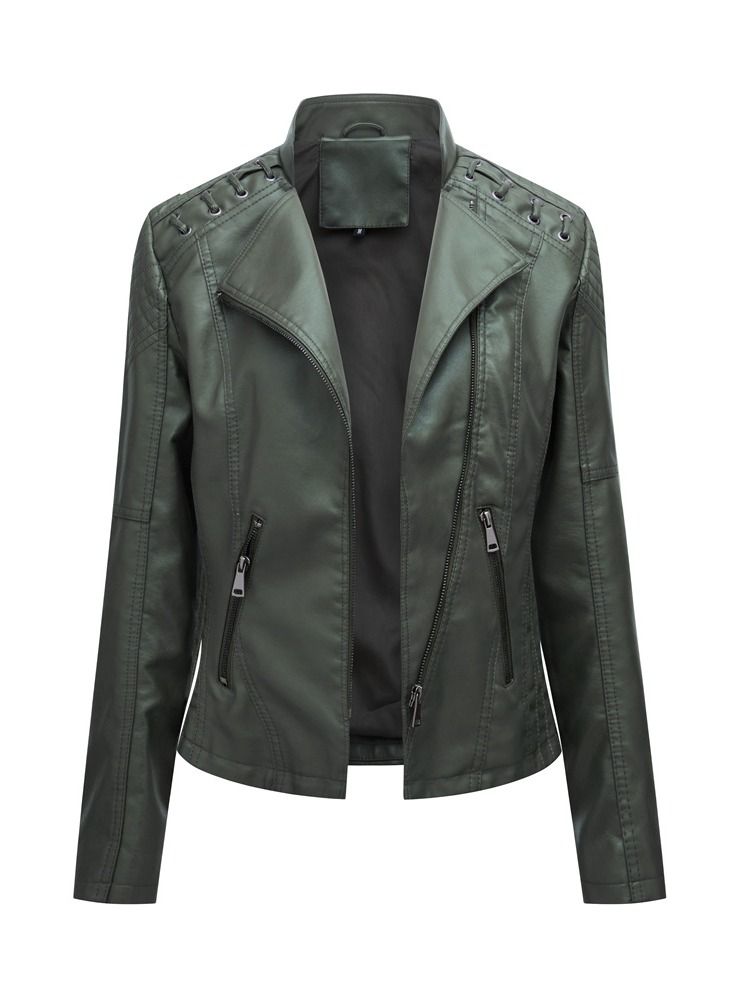 Loquat 2023 New Women's Leather Short Jacket Slim Fit Thin Leather Coat Army Green  - Image 1