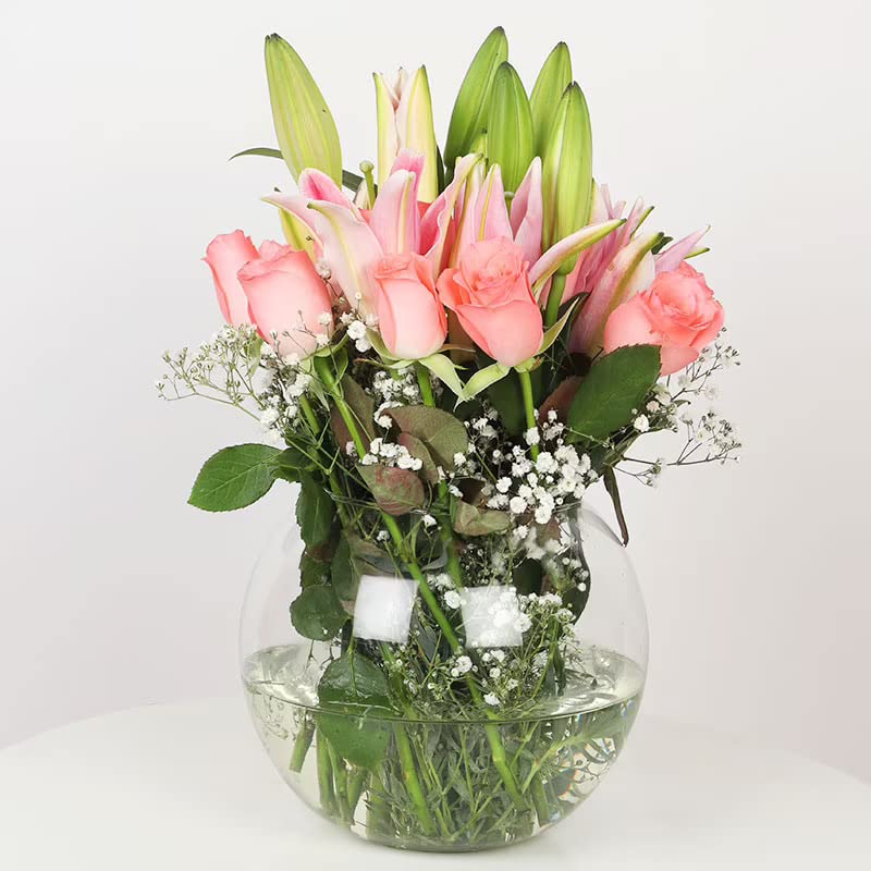 Floweraura FlowerAura Fresh Live Flower Bouquet of 12 Roses 4 Lilies In Fish Bowl For Birthday Gift Anniversary Gift Wedding Gift Congratulations Gift Gift For Special Occasions Same Day Delivery  - Image 2