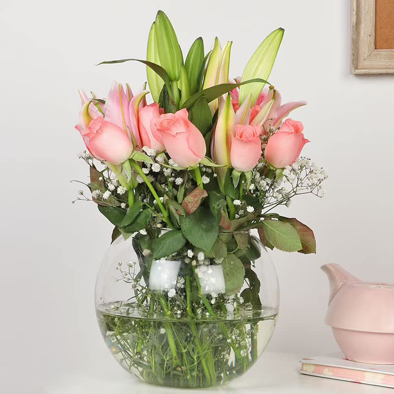 Floweraura FlowerAura Fresh Live Flower Bouquet of 12 Roses 4 Lilies In Fish Bowl For Birthday Gift Anniversary Gift Wedding Gift Congratulations Gift Gift For Special Occasions Same Day Delivery  - Image 1