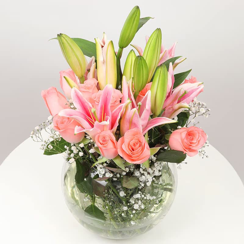 Floweraura FlowerAura Fresh Live Flower Bouquet of 12 Roses 4 Lilies In Fish Bowl For Birthday Gift Anniversary Gift Wedding Gift Congratulations Gift Gift For Special Occasions Same Day Delivery  - Image 3