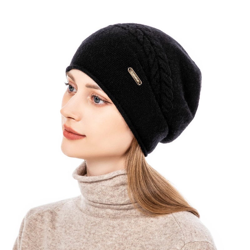 QUEENFUR Knit Slouchy Beanie Hats for Women Cashmere Ski Cap Knitted Wool Soft Warm Winter Hat (B02A-Black) - Image 4