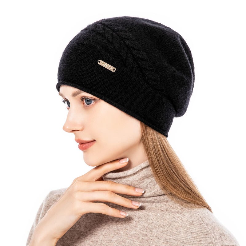 QUEENFUR Knit Slouchy Beanie Hats for Women Cashmere Ski Cap Knitted Wool Soft Warm Winter Hat (B02A-Black) - Image 2
