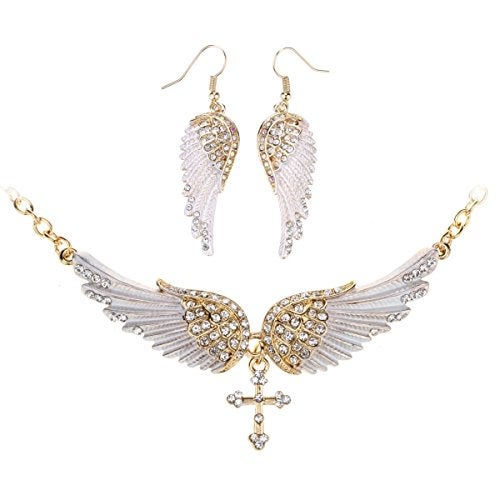 Szxc Womens Guardian Angel Wings Cross Jewelry Sets - Choker Necklace & Dangle Earrings Sets - Women Biker Jewelry - Image 1