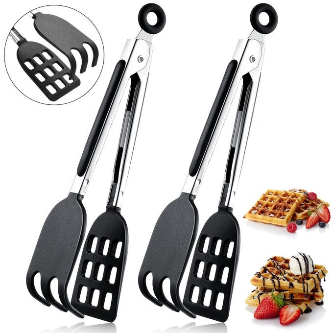 2 PCS MINI WAFFLE TONGS NON SCRATCH 8 INCHES SERVING SPATULA TONGS WITH NON SLIP SMOOTH STAINLESS STEEL HANDLES HEAT RESISTANT NYLON HEADS AND DISHWASHER SAFE FOR COOKING