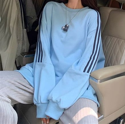 Fish Scale Cotton Sweat Autumn College Style Loose Striped Stitching plus size Womens Fresh Sweet Thin Round Neck Sweat Light blue - Image 1