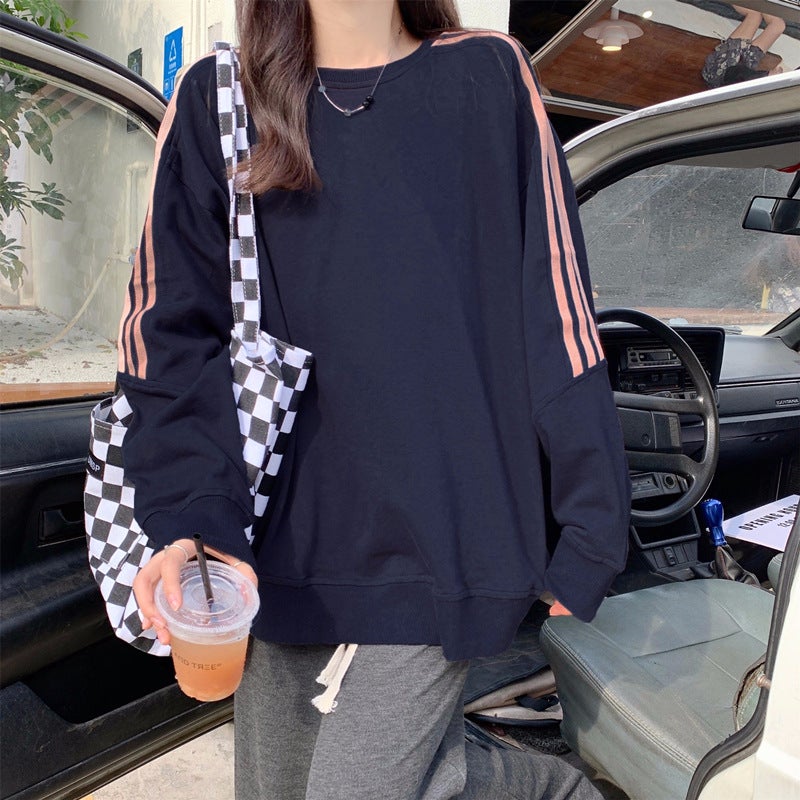 Fish Scale Cotton Sweat Autumn College Style Loose Striped Stitching plus size Womens Fresh Sweet Thin Round Neck Sweat Light blue - Image 2