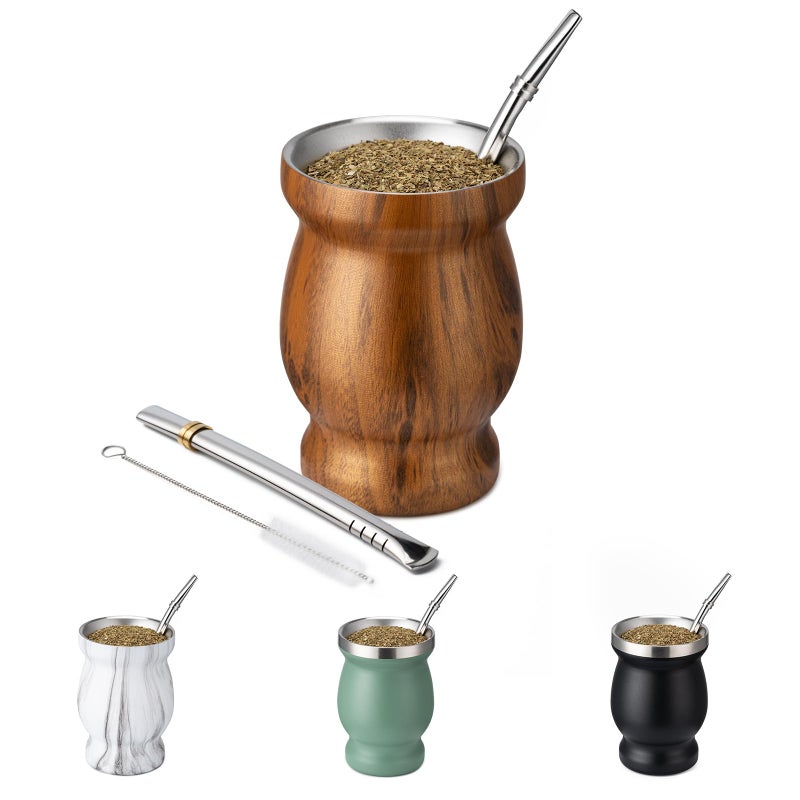 Husfunov 8oz Yerba Mate Cup 304 Stainless Steel DoubleWall Mate Cup Heat Insulation Yerba Mate Gourd Tea Cup Set Includes Cleaning Brush 2 Bombillas Wood - Image 2